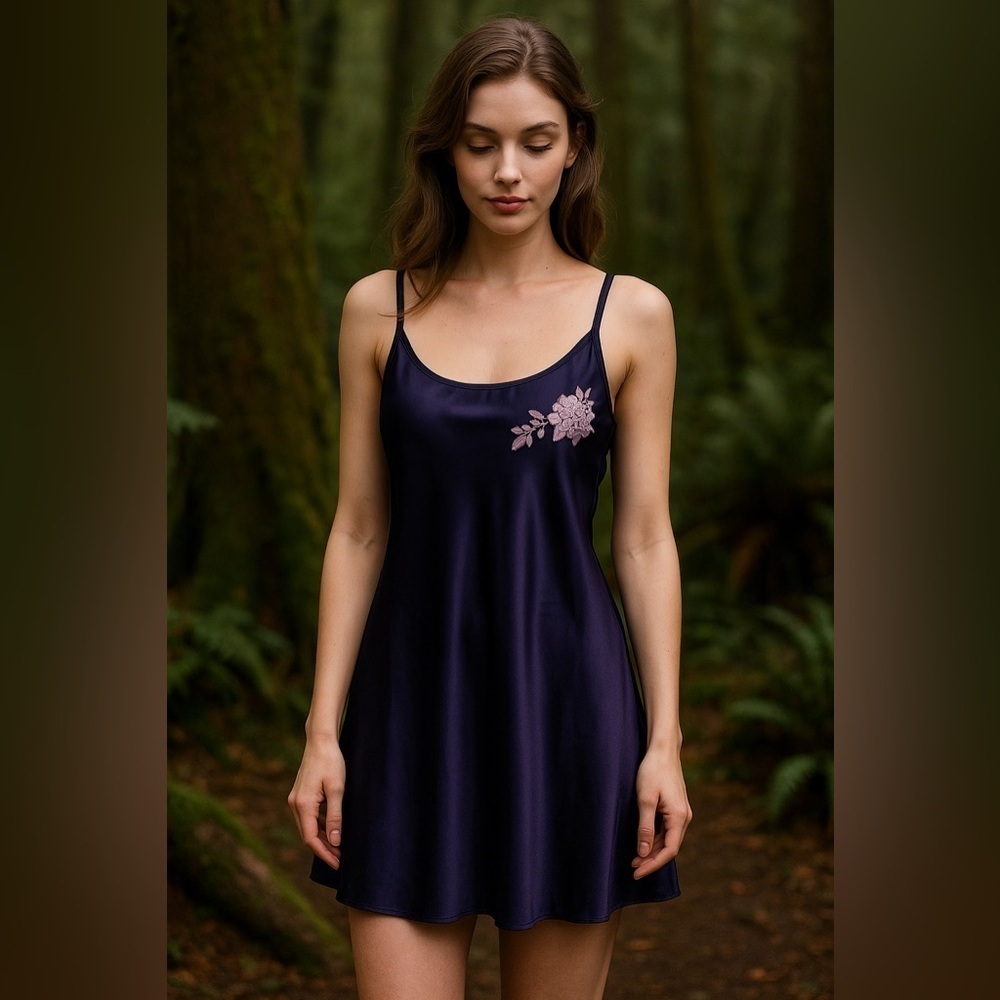 Morgan Taylor Teddy Nightdown Mini Dress Womens Navy Satin Embroidered L Party